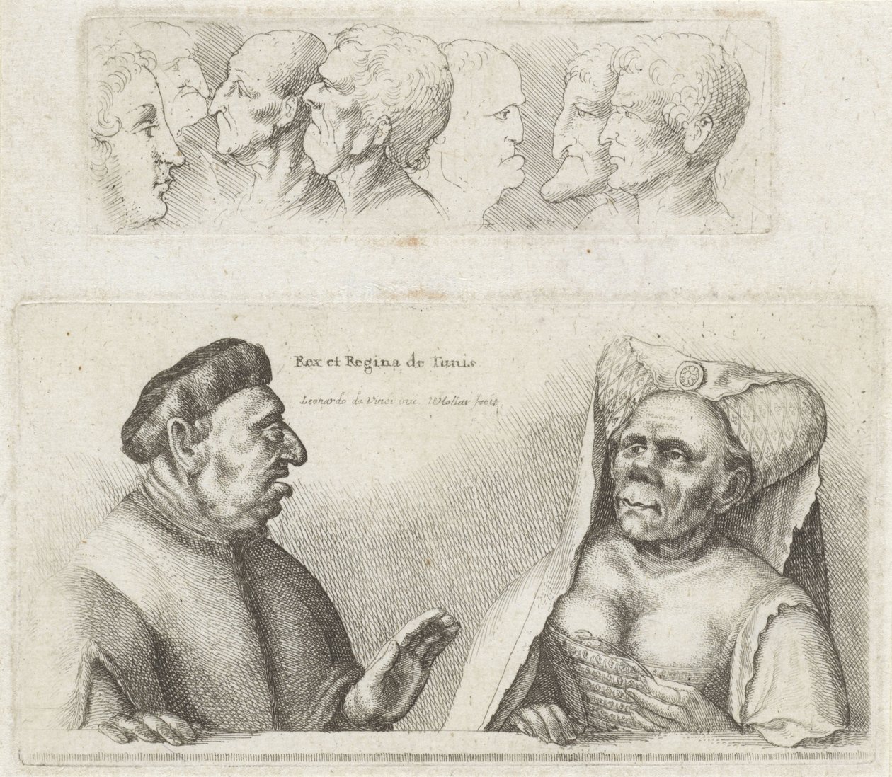 Fries met studiekoppen / Karikaturen van de koning en koningin van Tunesië door Wenceslaus Hollar