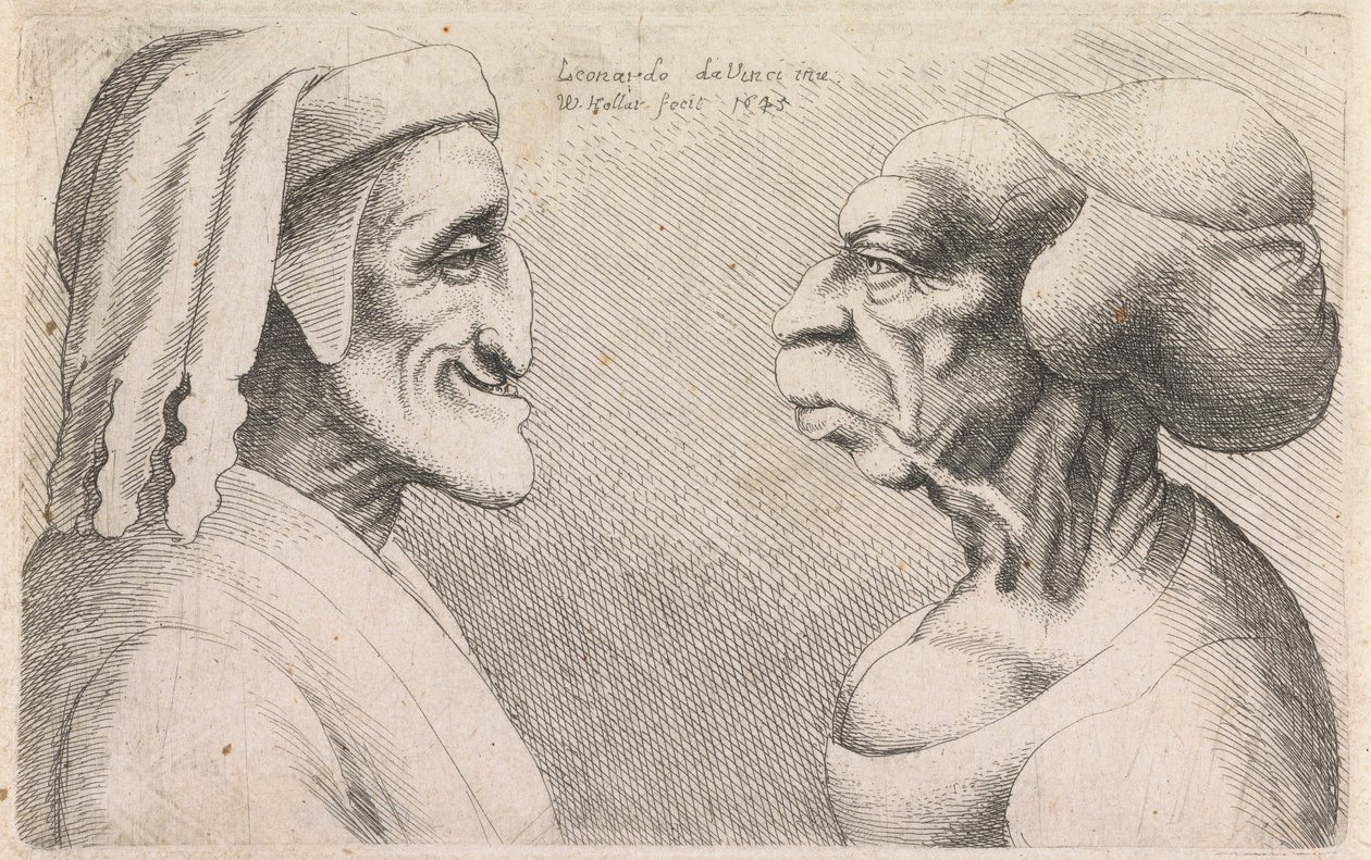 Groteske Profielen van een Man en Vrouw die elkaar Aankijken door Wenceslaus Hollar