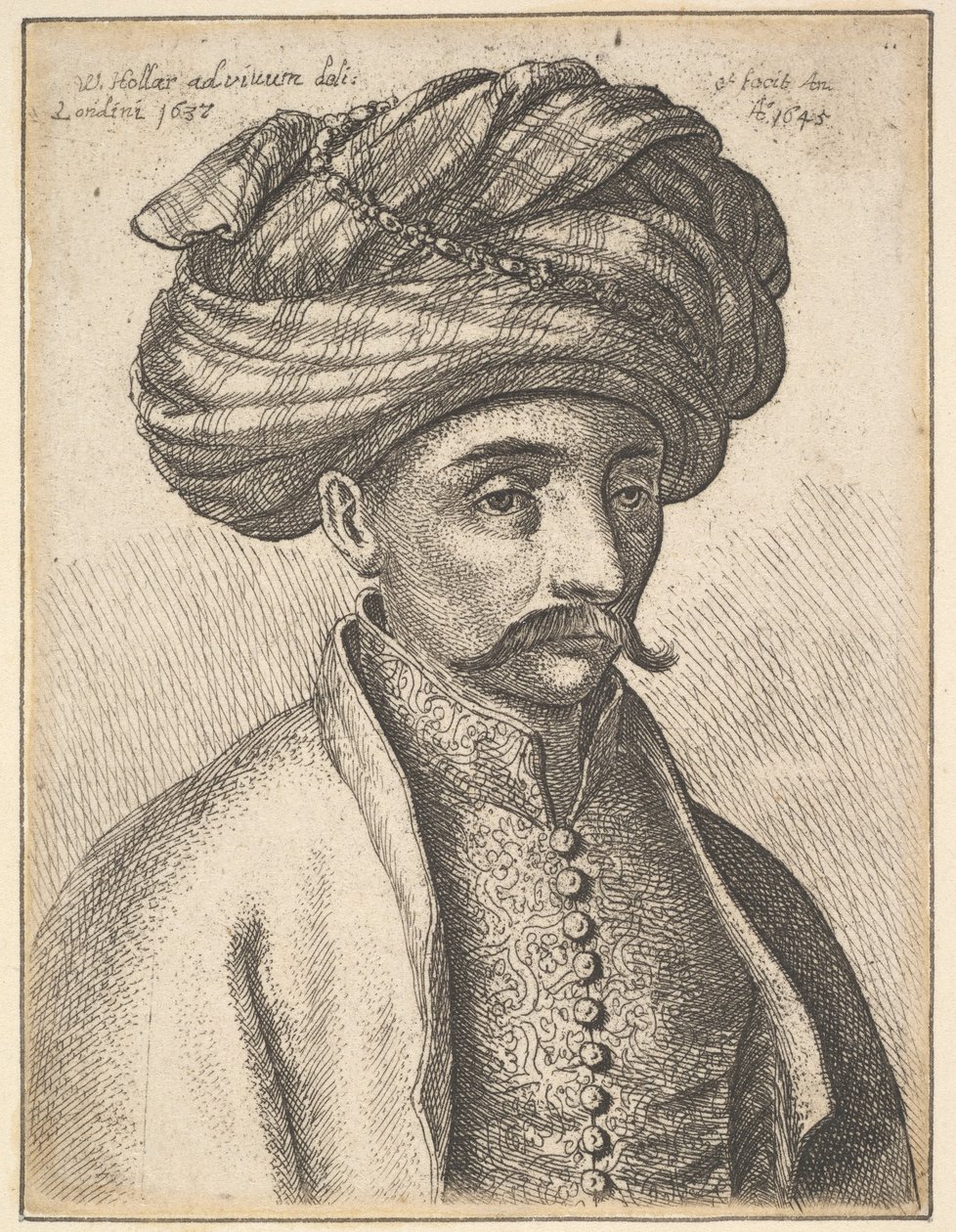 Het hoofd en de schouders van een Turkse man, met een snor en een grote tulband door Wenceslaus Hollar