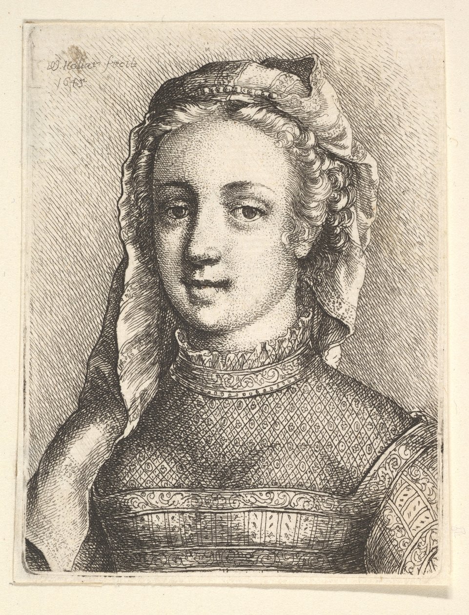 Hoofd en schouders van een vrouw met een sluier en doorschijnende halsdoek door Wenceslaus Hollar