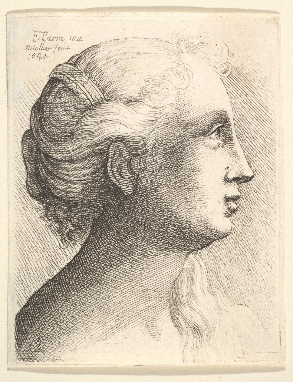 Hoofd van een jonge vrouw in profiel naar rechts, 1645 door Wenceslaus Hollar