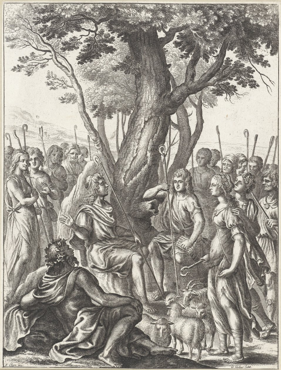 Herder Meliboeus beoordeelt het spel van de herders Corydon en Thyrsis door Wenceslaus Hollar