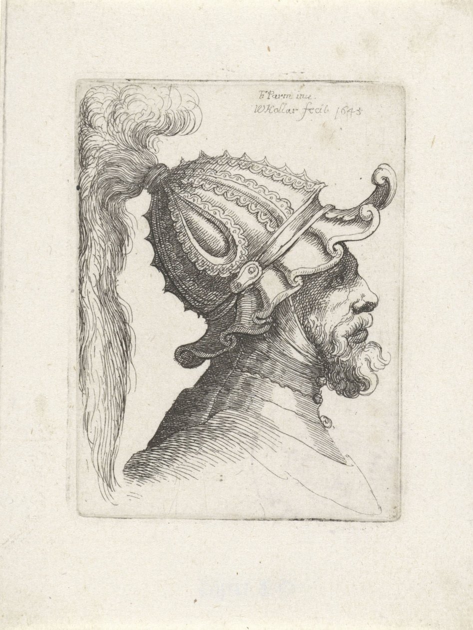 Hoofd van een man met gepluimde helm door Wenceslaus Hollar