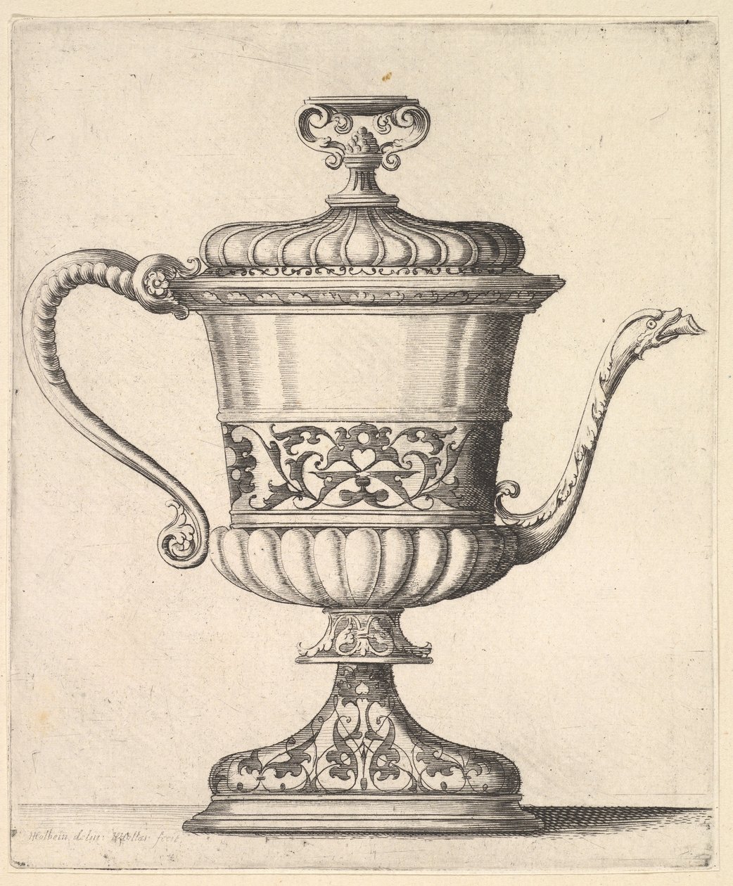 Kan met deksel, gegraveerd met arabesk patroon, de smalle tuit rechts eindigend in slang door Wenceslaus Hollar