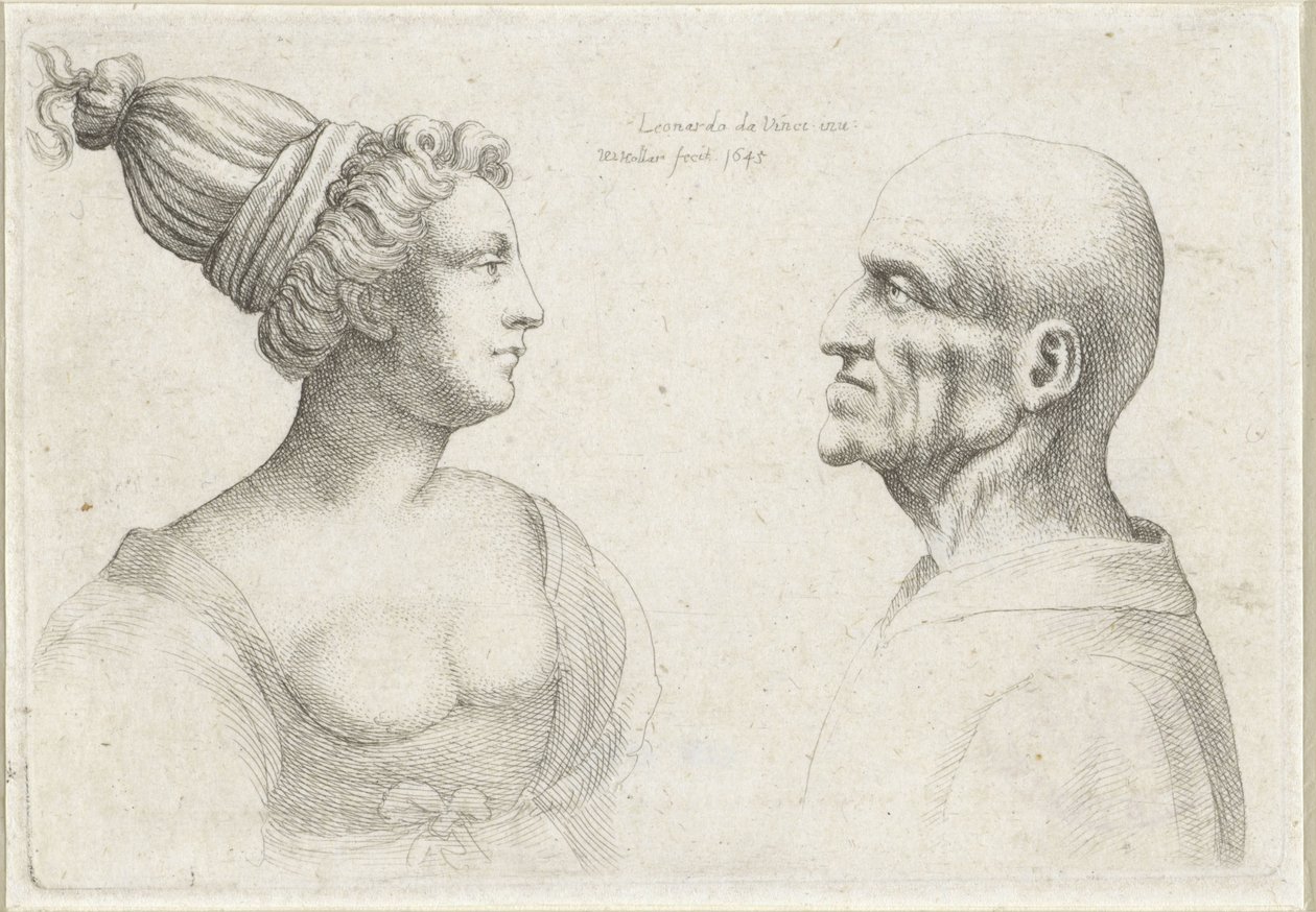 Koppen van een kale man en vrouw met tulband door Wenceslaus Hollar