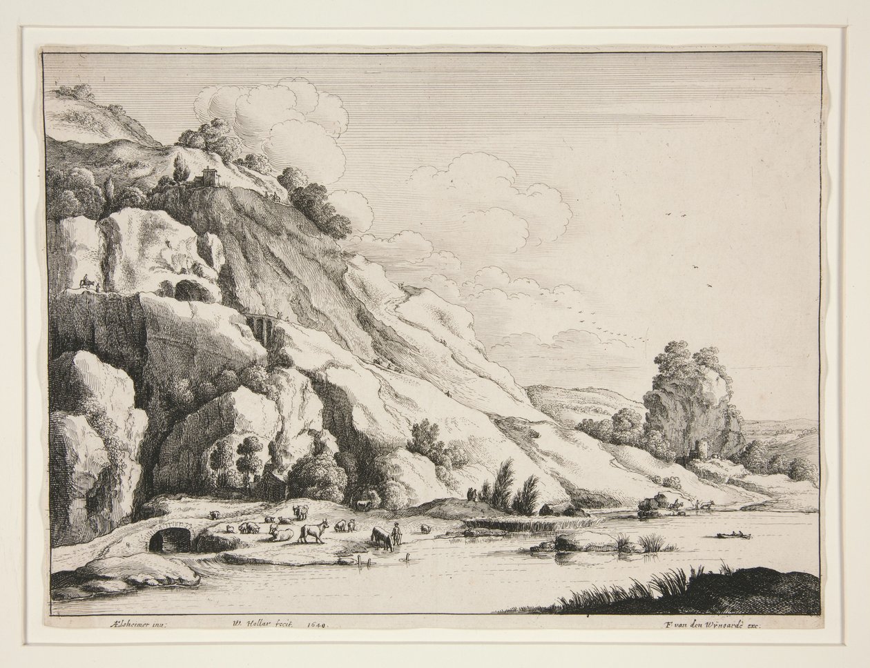 Landschap met een stenen brug door Wenceslaus Hollar