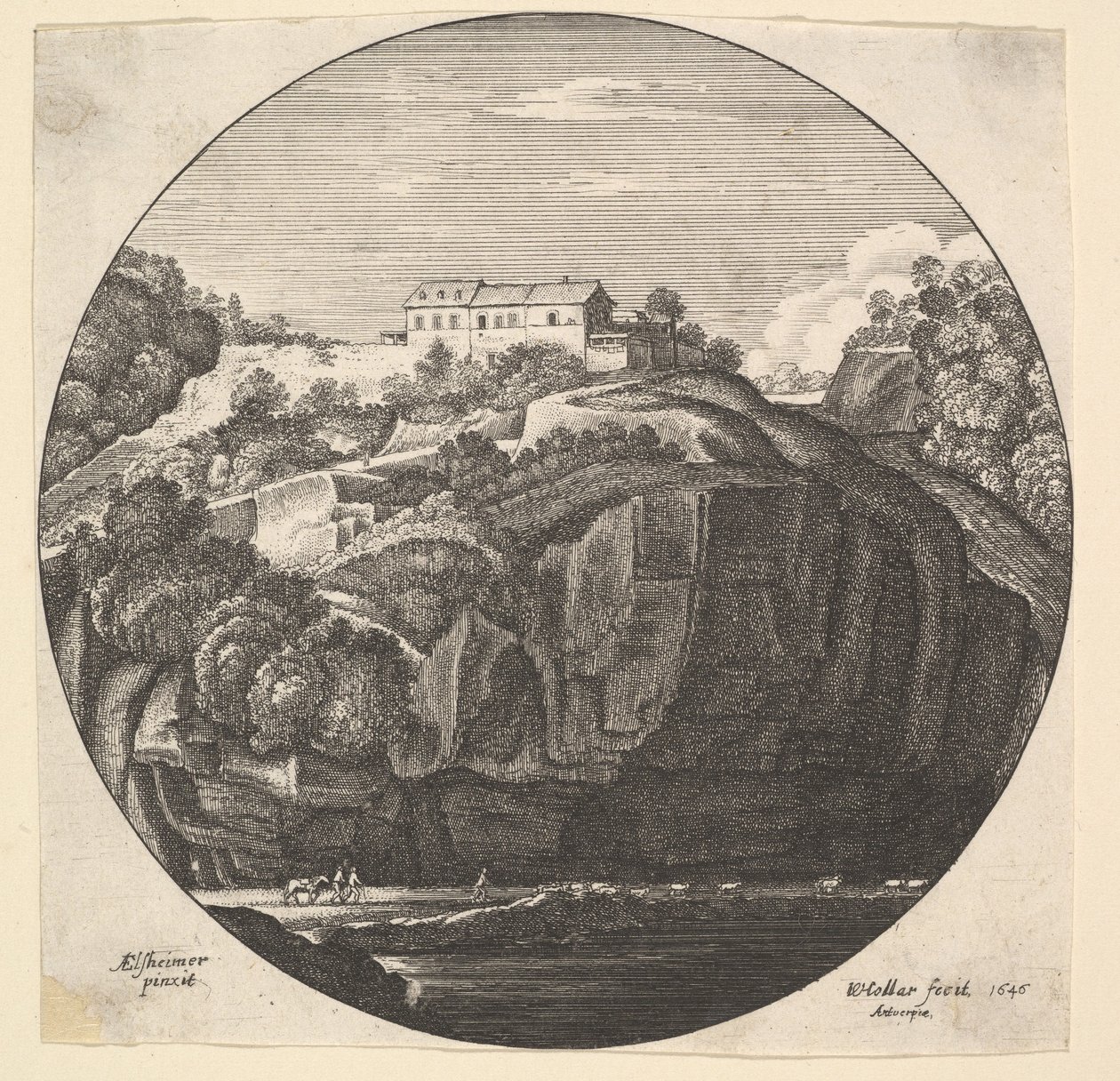 Landschap met een huis op kliffen, 1646 door Wenceslaus Hollar