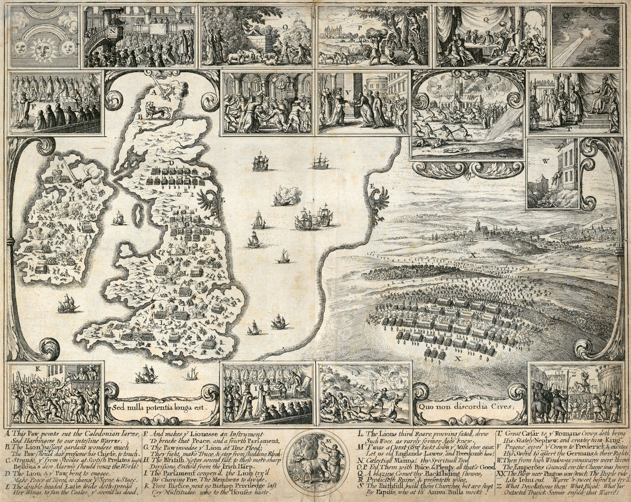 Kaart van de Britse Eilanden en illustraties van 17e-eeuwse historische gebeurtenissen, c1659 door Wenceslaus Hollar