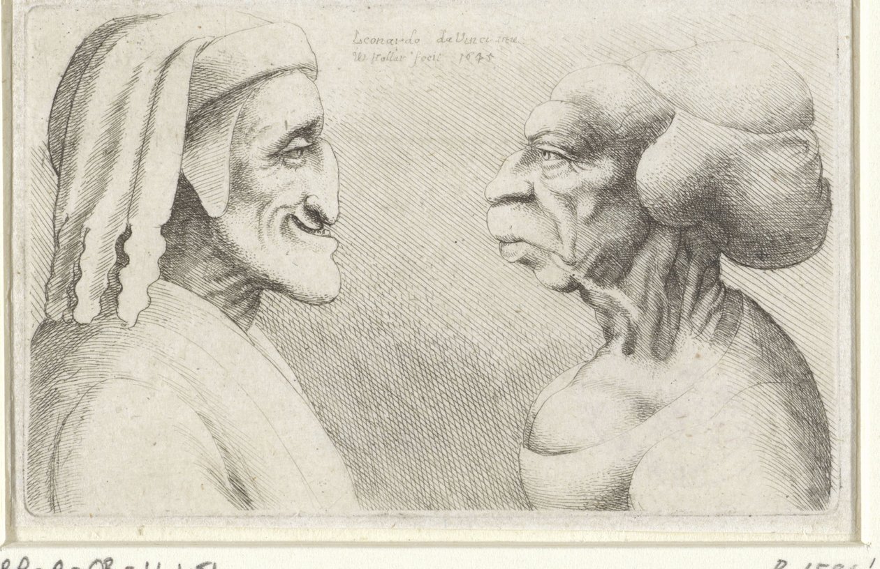 Misvormde karikatuurkoppen van een man met muts (Dante?) en vrouw door Wenceslaus Hollar