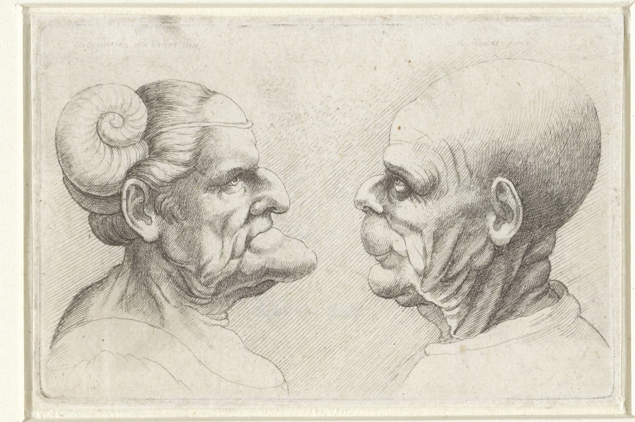 Misvormde koppen van een kale man en vrouw met hoornen op het hoofd door Wenceslaus Hollar