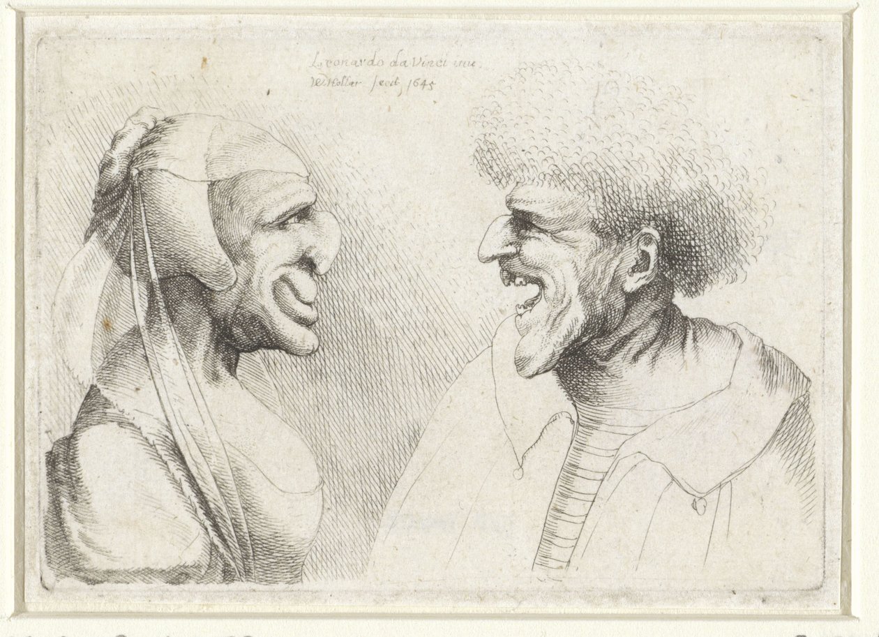 Misvormde koppen van een lachende man en vrouw met hoofdkapje door Wenceslaus Hollar
