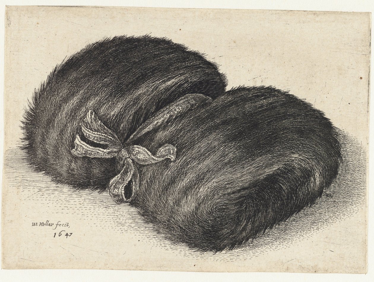 Mof van bont versierd met een lint door Wenceslaus Hollar