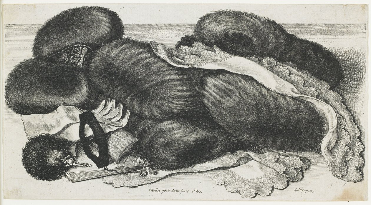 Moffen en kledingstukken op een tafel, 1647 door Wenceslaus Hollar