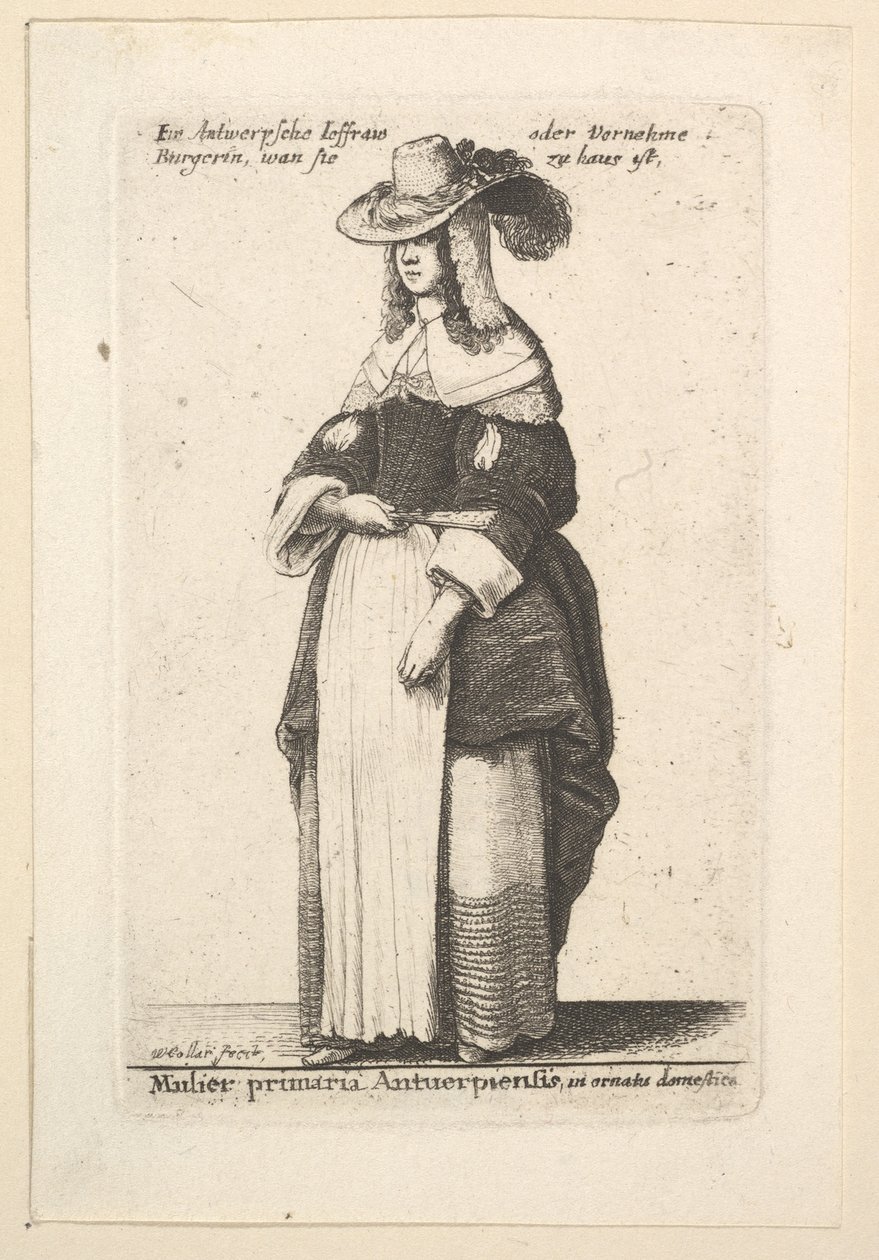 Mulier primaria Antuerpiensis, in ornatus domestica Gentlewoman van Antwerpen in huiselijke..., 1625-77 door Wenceslaus Hollar