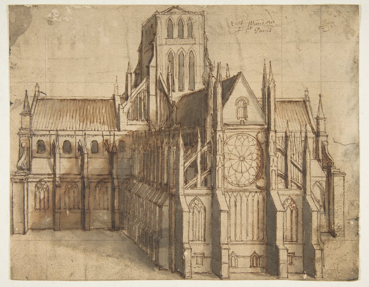 De oude St. Paul’s Cathedral in Londen, gezien vanuit het oosten door Wenceslaus Hollar