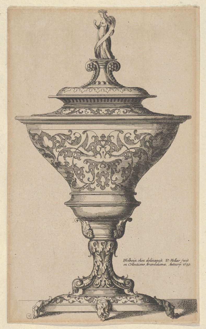 Sierlijke beker op voeten van maskers door Wenceslaus Hollar