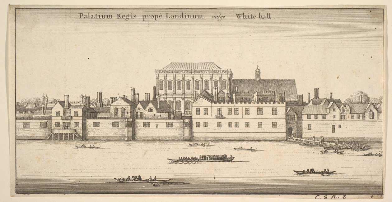 Palatium Regis prope Londinum, vulgo White-hall Koninklijk Paleis van Whitehall, Londen door Wenceslaus Hollar