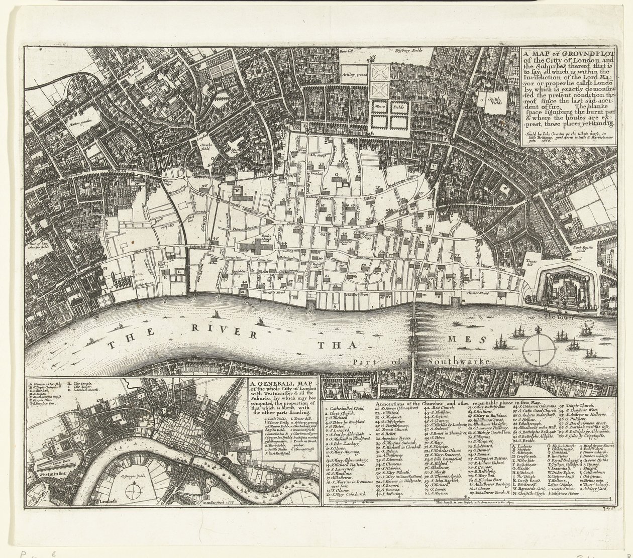 Plattegrond van Londen na de grote brand van 1666 door Wenceslaus Hollar