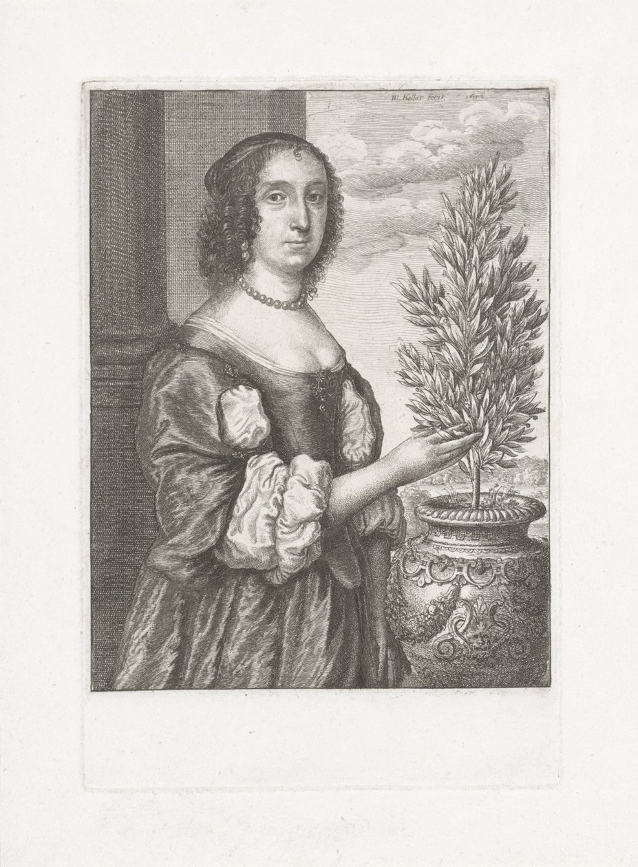 Portret van een staande vrouw naast een laurierplant door Wenceslaus Hollar