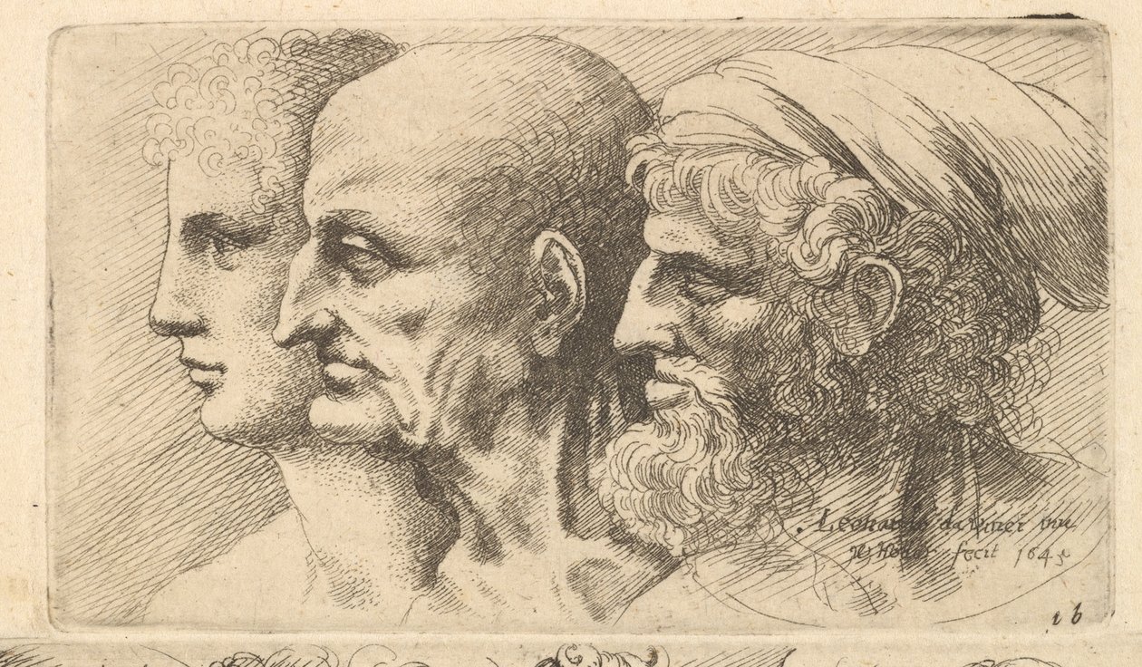 Rij van Drie Hoofden in Profiel naar Links door Wenceslaus Hollar