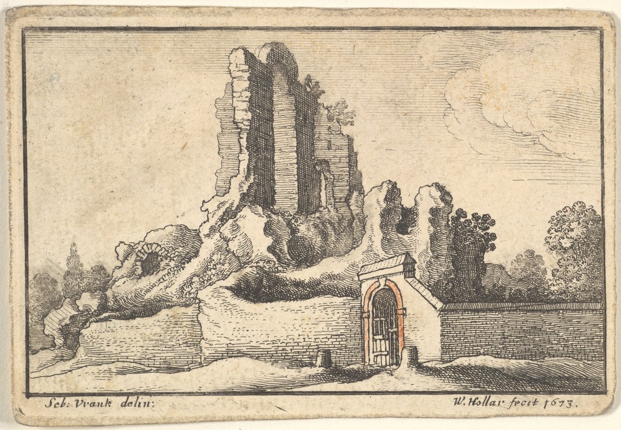 Ruïnes en een afgesloten poort op de Esquilijnse Heuvel in Rome door Wenceslaus Hollar