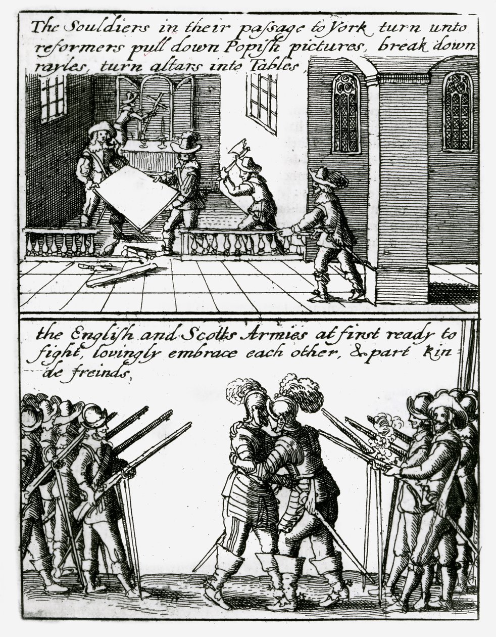Soldaten vernietigen religieuze beelden in een kerk; Engelse en Schotse soldaten omarmen elkaar door Wenceslaus Hollar