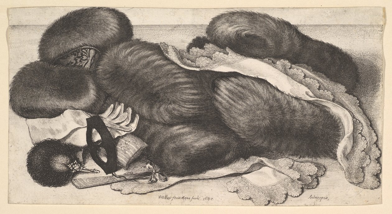 Stilleven met een groep mofjes, een paar handschoenen, waaiers, masker en twee zakdoeken door Wenceslaus Hollar