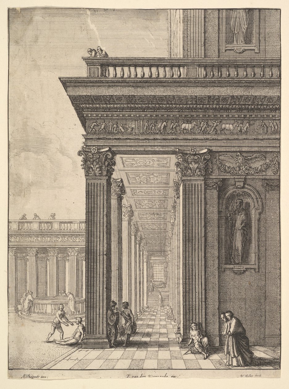 Tempelhof met Figuren, naar David Teniers de Oude door Wenceslaus Hollar