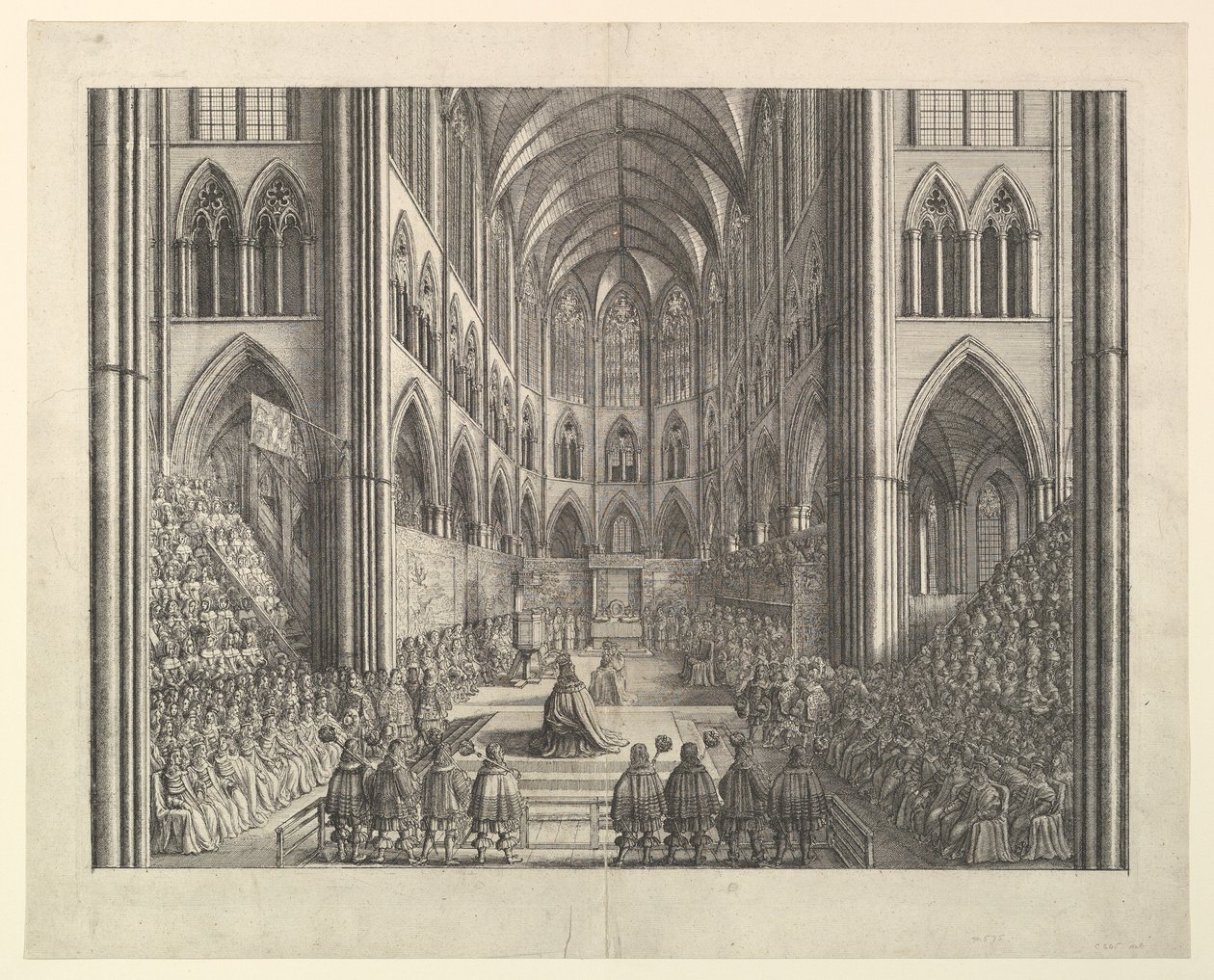 De kroning van koning Karel II in Westminster Abbey, 23 april 1661 (uit "The Entertainment of...Charles II" van John Ogilby, Londen, 1662) door Wenceslaus Hollar