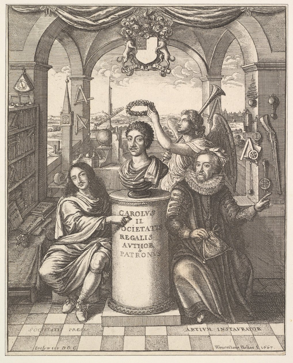 De Koninklijke Maatschappij, frontispice van Thomas Sprat, De Geschiedenis van de Koninklijke Maatschappij van Londen..., 1667 door Wenceslaus Hollar