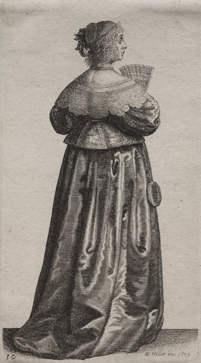 De verschillende gewoonten van Engelse vrouwen, van de adel tot de plattelandsvrouwen zoals ze in deze tijden zijn: De vrouw met een waaier en spiegel door Wenceslaus Hollar