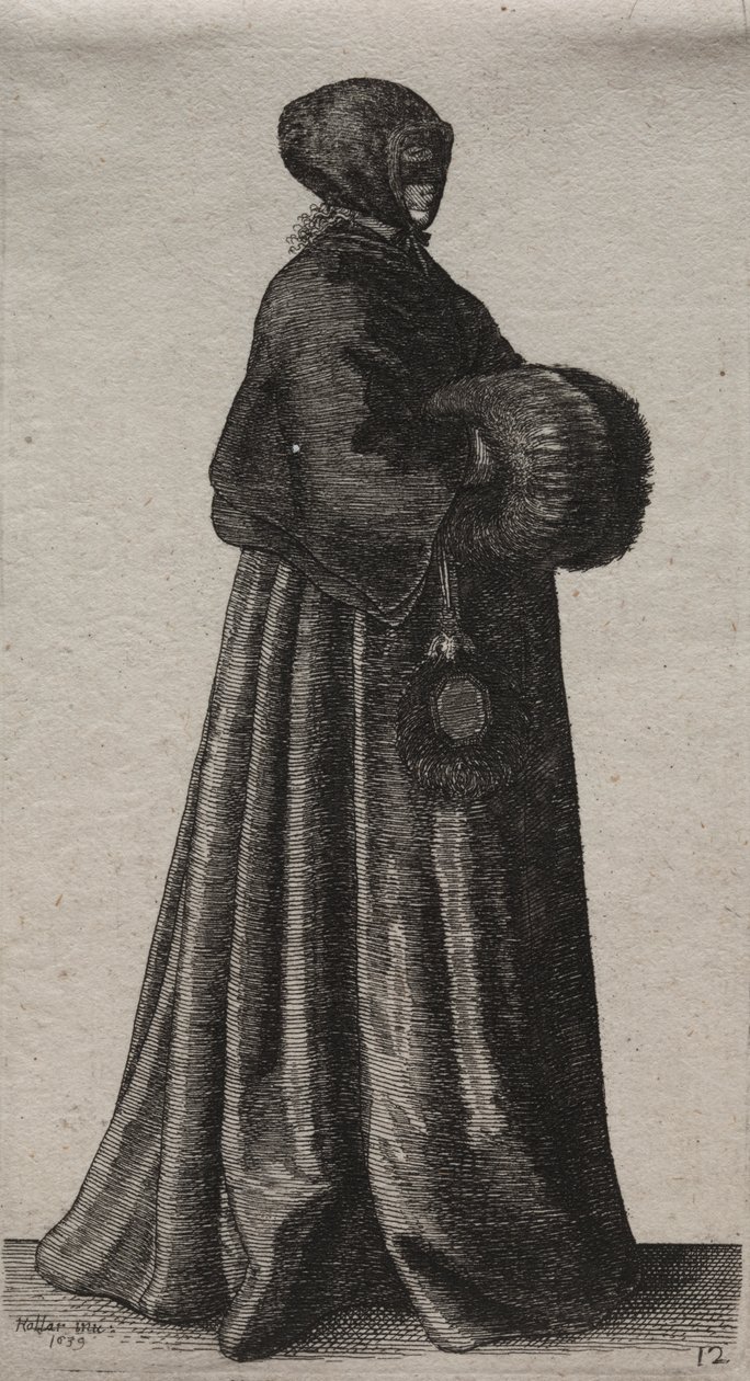 De verschillende gewoonten van Engelse vrouwen, van de adel tot de plattelandsvrouwen zoals ze in deze tijden zijn: De vrouw met masker, kap en mof door Wenceslaus Hollar