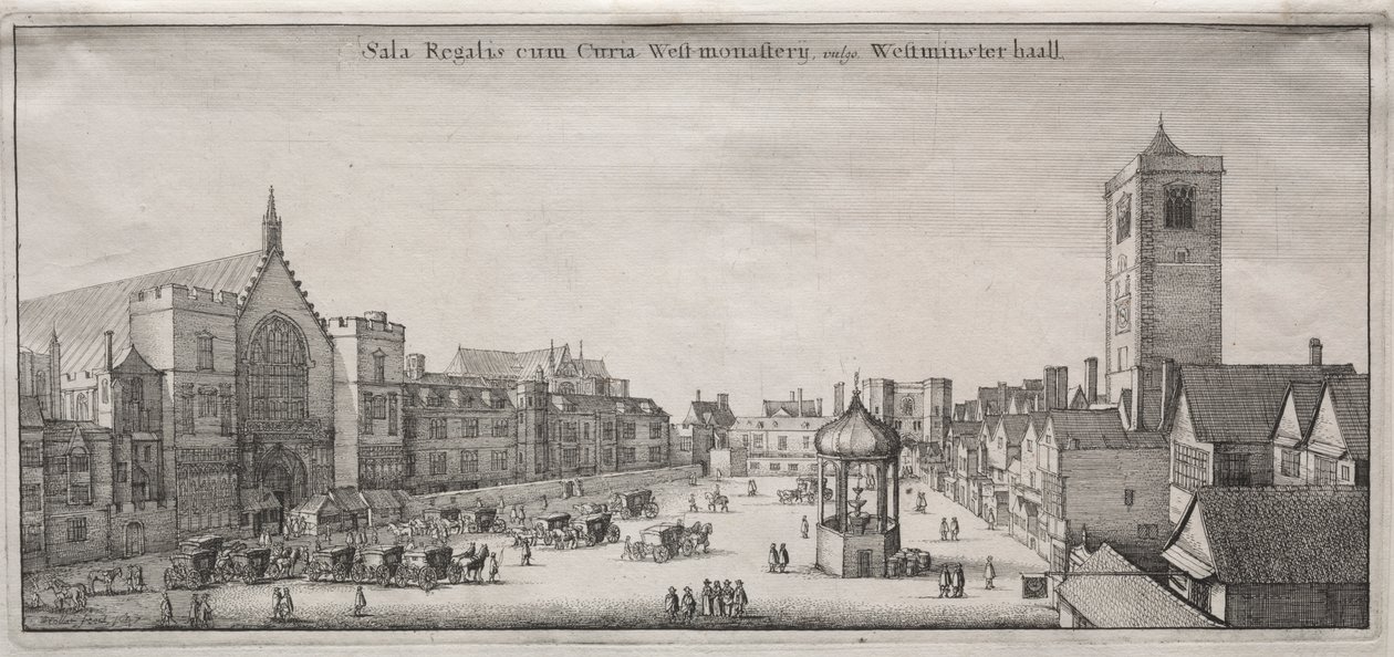 Uitzicht op Londen: New Palace Yard met Westminster Hall en het Klokhuis door Wenceslaus Hollar