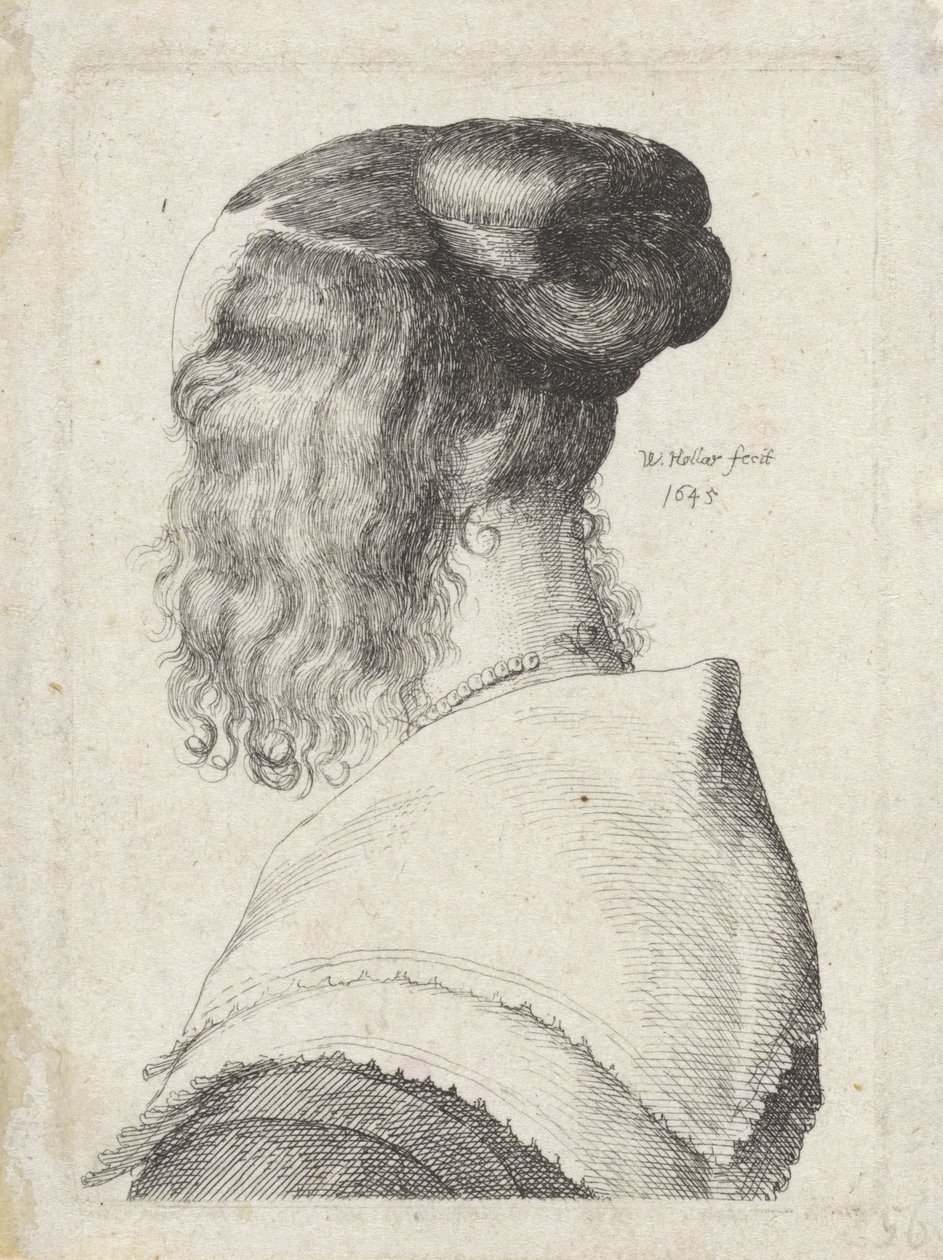 Vrouw met opgestoken haar, schuin op de rug gezien door Wenceslaus Hollar