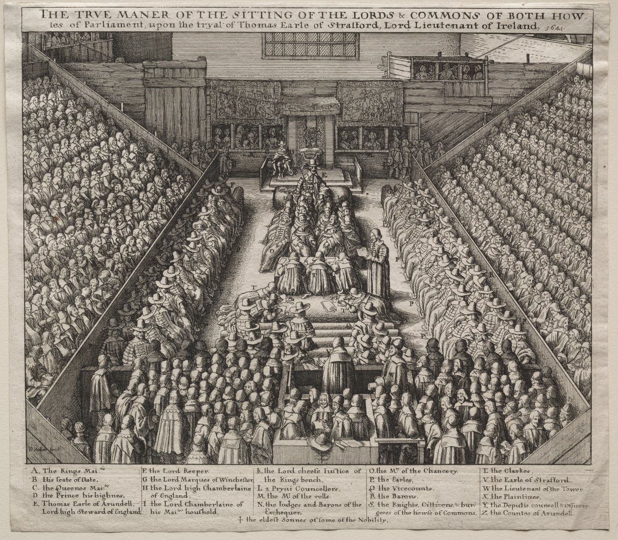 Westminster Hall, interieur, met het proces van de Graaf van Strafford door Wenceslaus Hollar