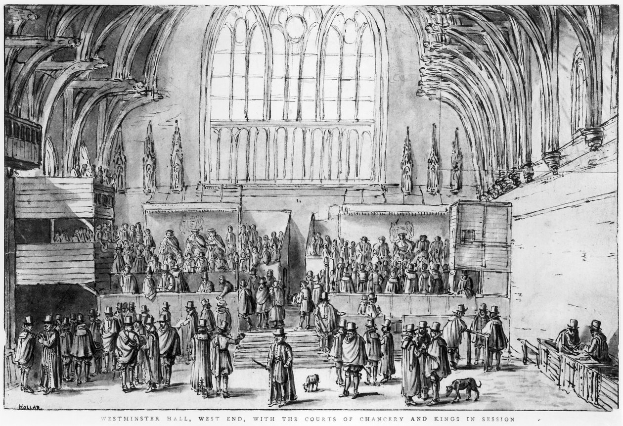 Westminster Hall, West End, met de rechtbanken van Chancery en Kings in zitting door Wenceslaus Hollar