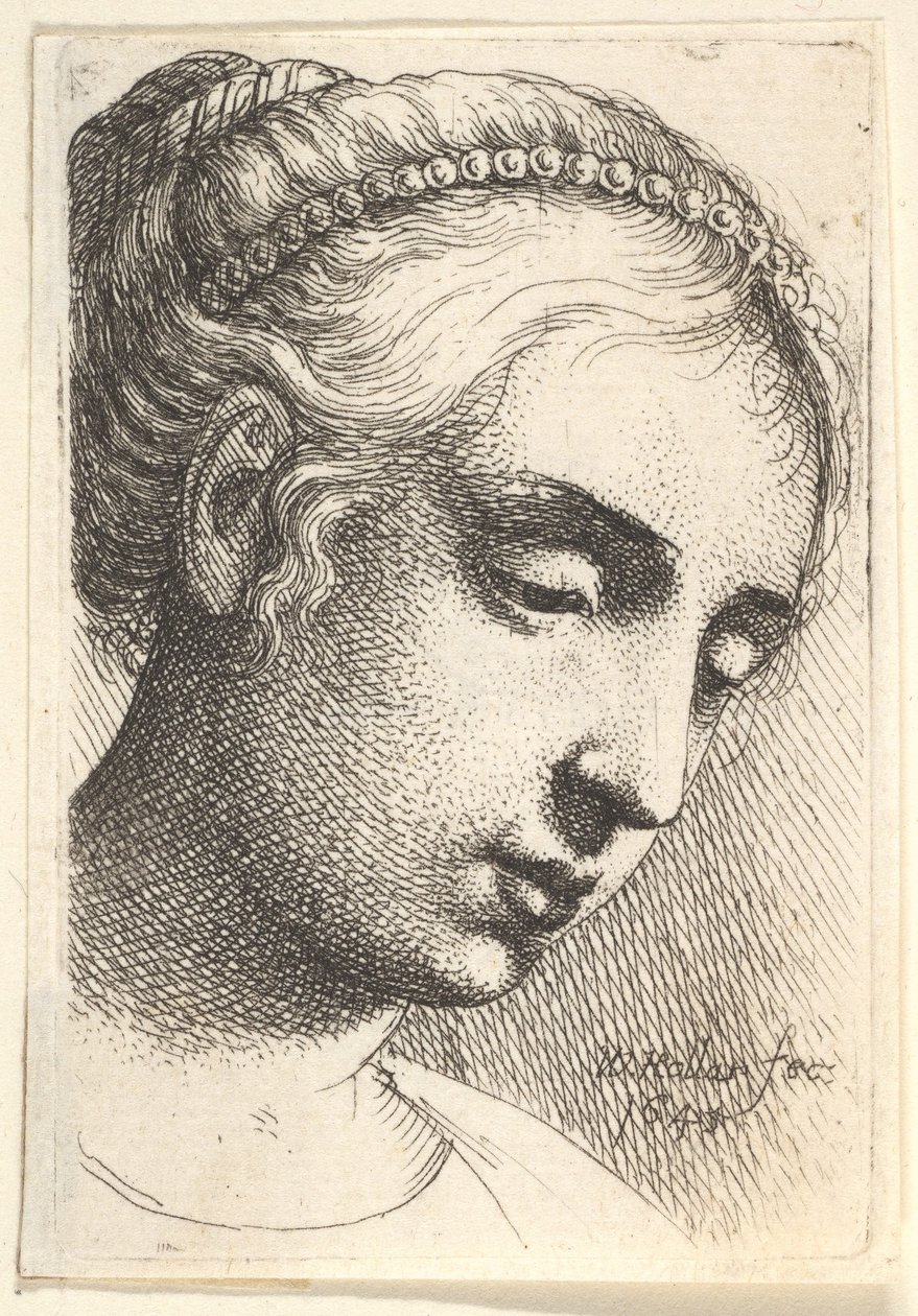 Vrouw met parelsnoer in haar haar kijkt naar beneden naar rechts door Wenceslaus Hollar