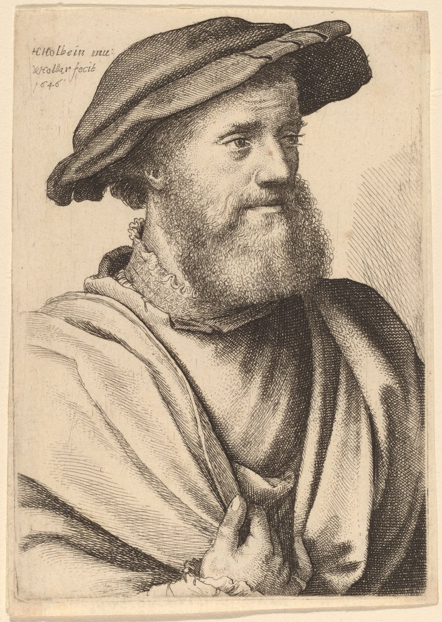 Man met baard kijkt naar rechts (Hans Holbein?) door Wenceslaus Hollar after Hans Holbein the Younger