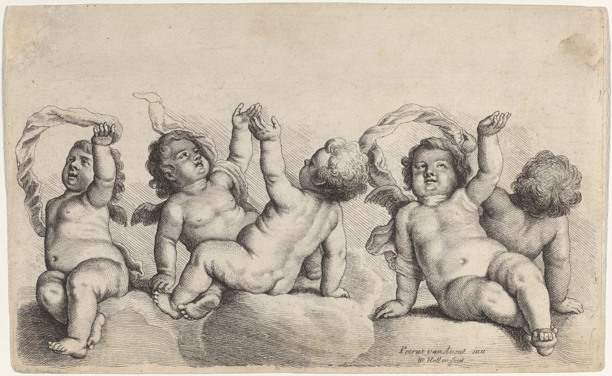 Drie cherubijnen en twee jongens die elk een arm omhoog steken op wolken door Wenceslaus Hollar, after Peeter van Avont