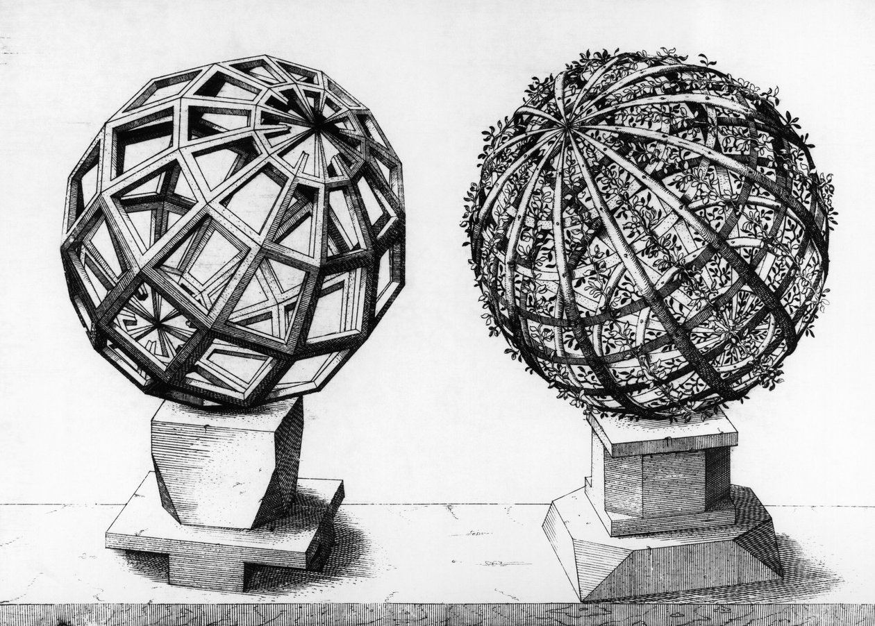 Perspectiefillustratie, twee sferen, gravure uit Perspectiva Corporum Regularium, door Wentzel Jamnitzer (1508-1585), Neurenberg door Wenzel I Jamnitzer