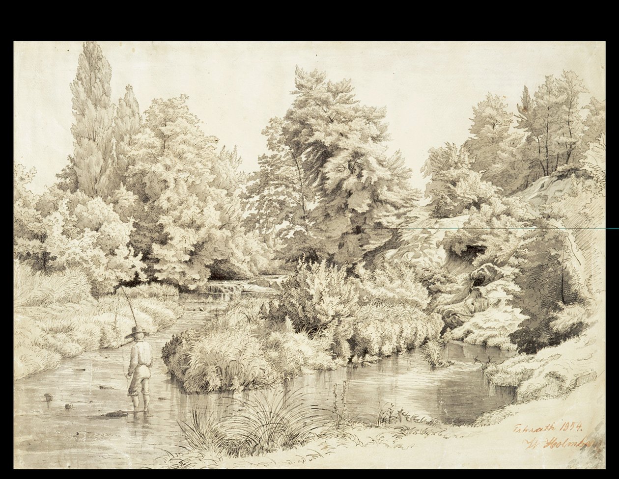 Erkrath, Landschap met beekje en een vissende jongen door Werner Holmberg