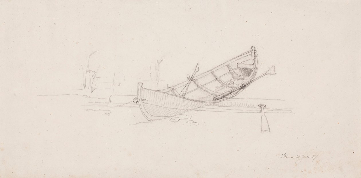 Een roeiboot gesleept op een boomstam in Maih door Werner Holmberg