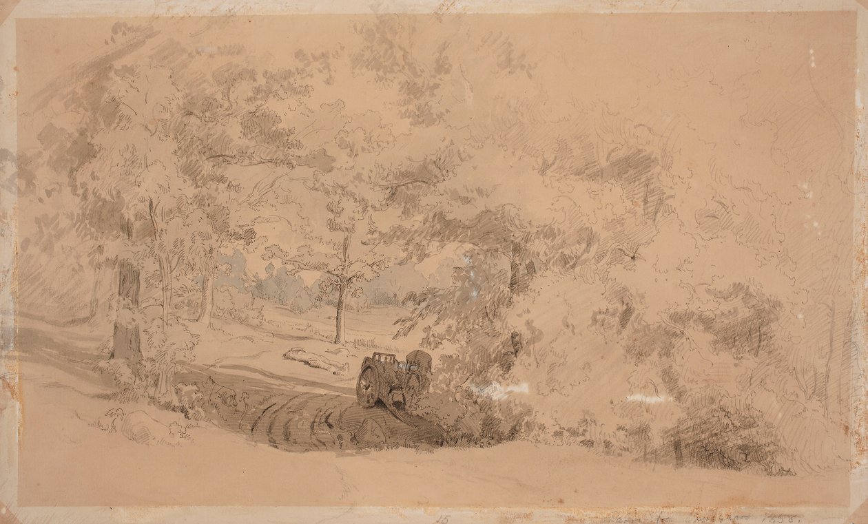 Boslandschap met paard en wagen ; Boslandschap, vissende man op een brug over een beek (dubbelzijdig werk) door Werner Holmberg