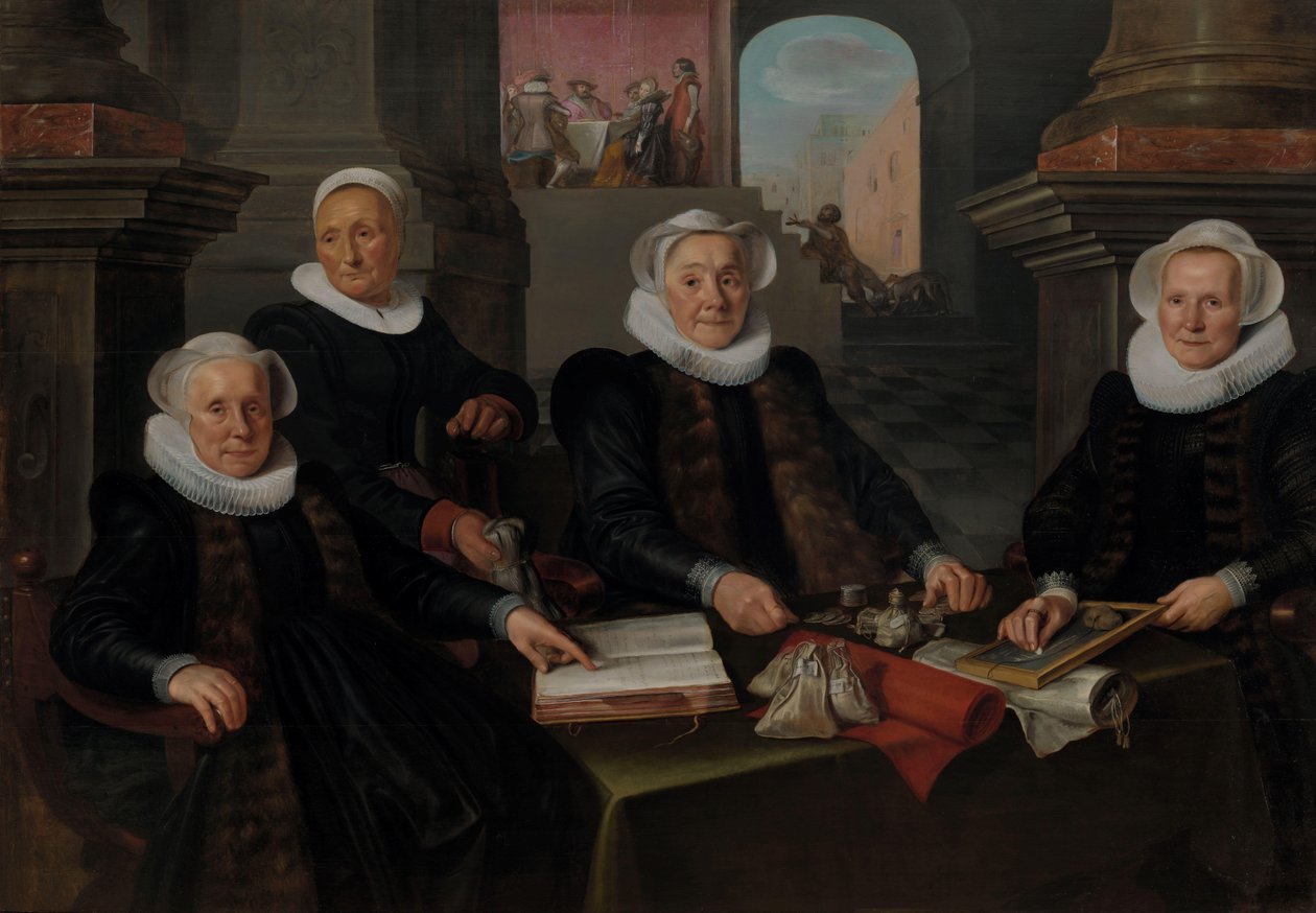 Drie regentessen en de huismoeder van het leprozenhuis, Amsterdam door Werner van den Valckert