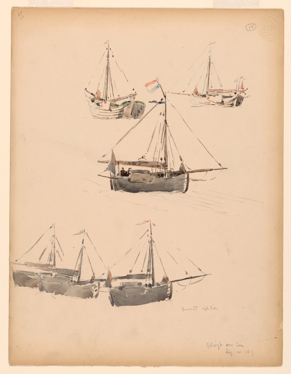 Tekening, Nederlandse schuiten, 20 augustus 1887 door Whitney Warren Jr.
