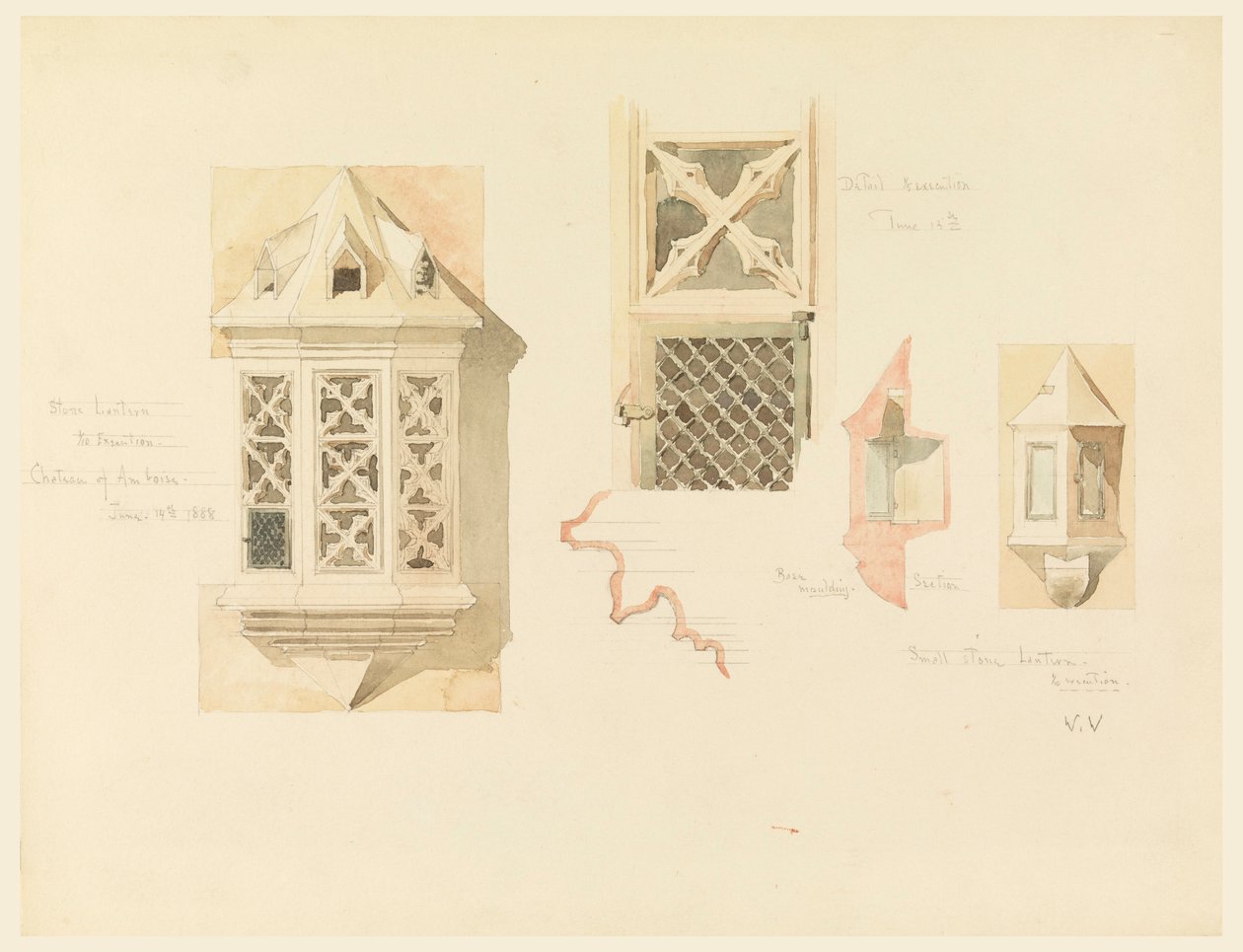 Tekening, weergave van twee stenen lantaarns, van het kasteel in Amboise, Frankrijk, 14-15 juni 1888 door Whitney Warren Jr.