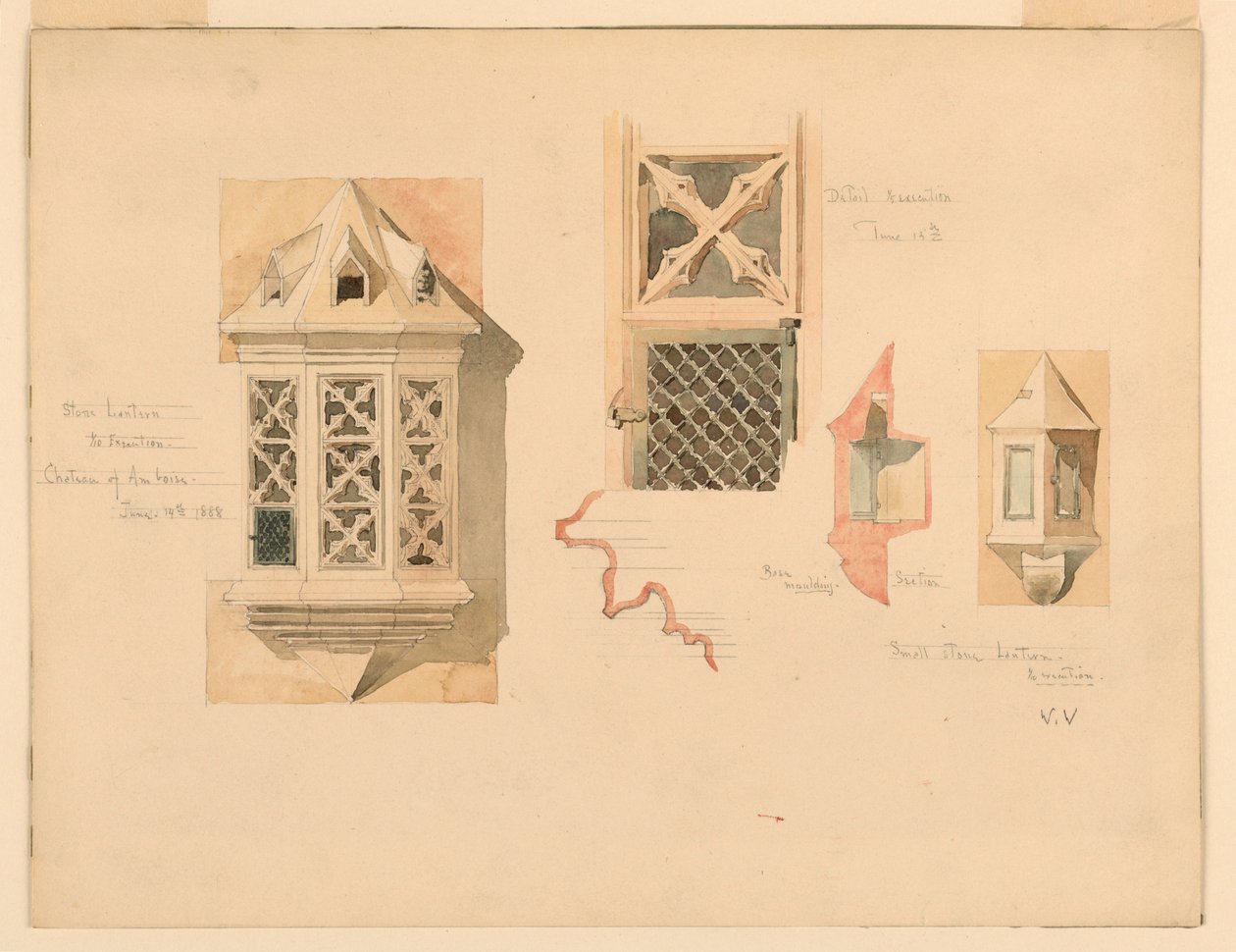 Tekening, weergave van twee stenen lantaarns, van het kasteel in Amboise, Frankrijk, 14-15 juni 1888 door Whitney Warren Jr.