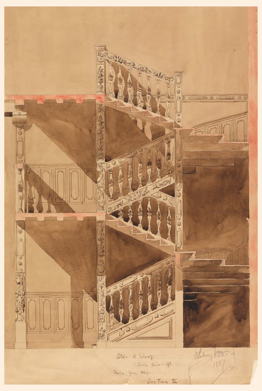 Tekening, Trap in de Cluny, Parijs, 1887 door Whitney Warren Jr.