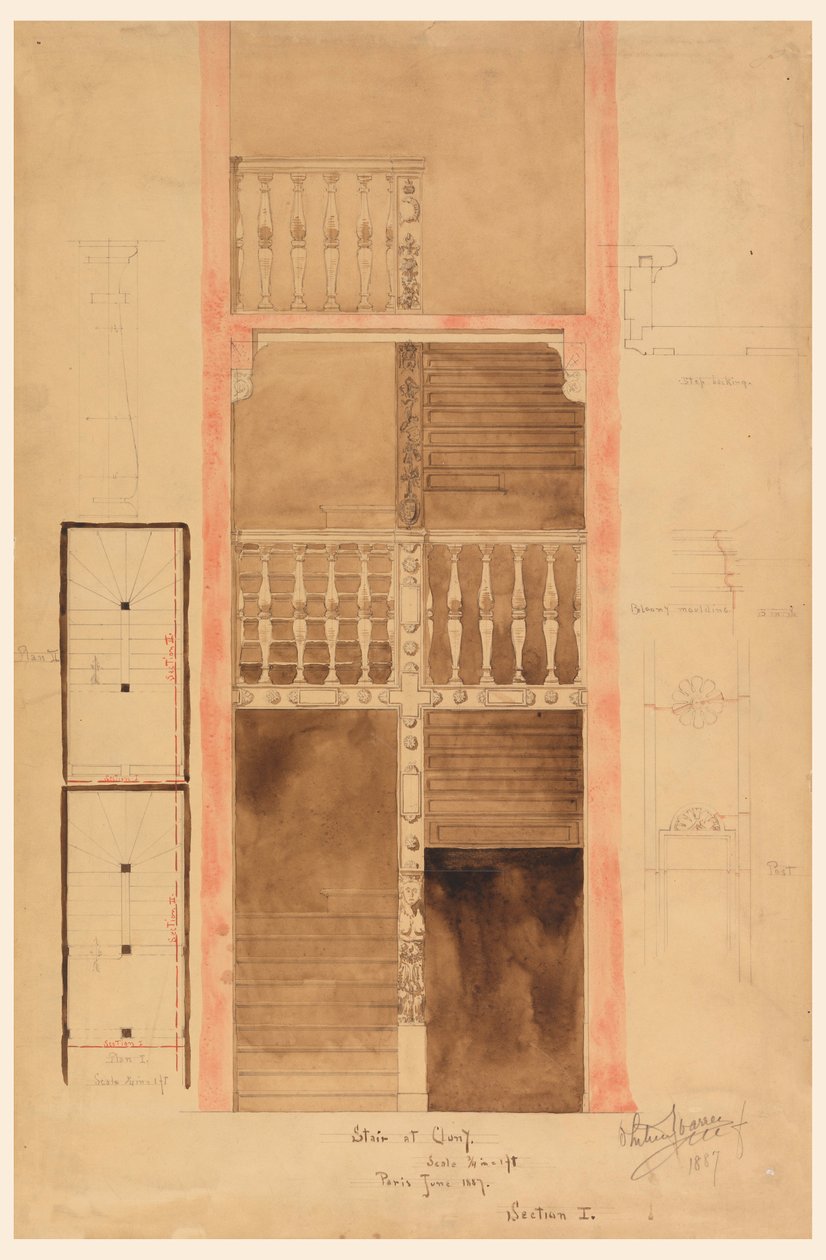 Tekening, Trap in de Cluny, Parijs, 1887 door Whitney Warren Jr.