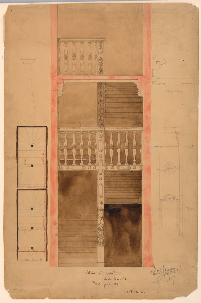 Tekening, Trap in de Cluny, Parijs, 1887 door Whitney Warren Jr.